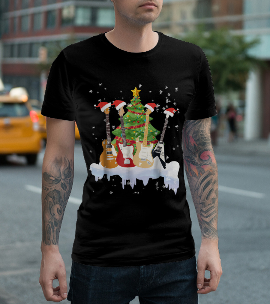 Holiday Santa Hat Electric Guitar Christmas Tree Scene T-Shirt
