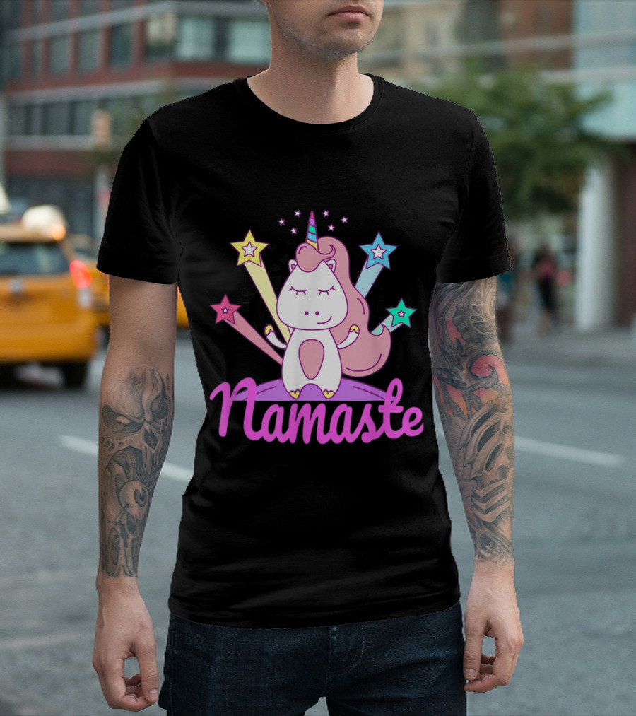 Namaste Unicorn with Colorful Star Beams and Pastel Horn T-Shirt
