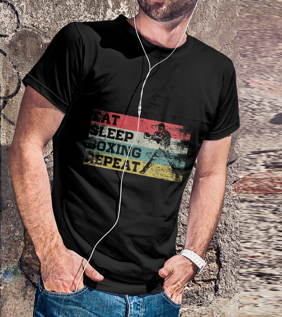 Vintage Eat Sleep Boxing Repeat Boxer Silhouette Retro Stripes T-Shirt