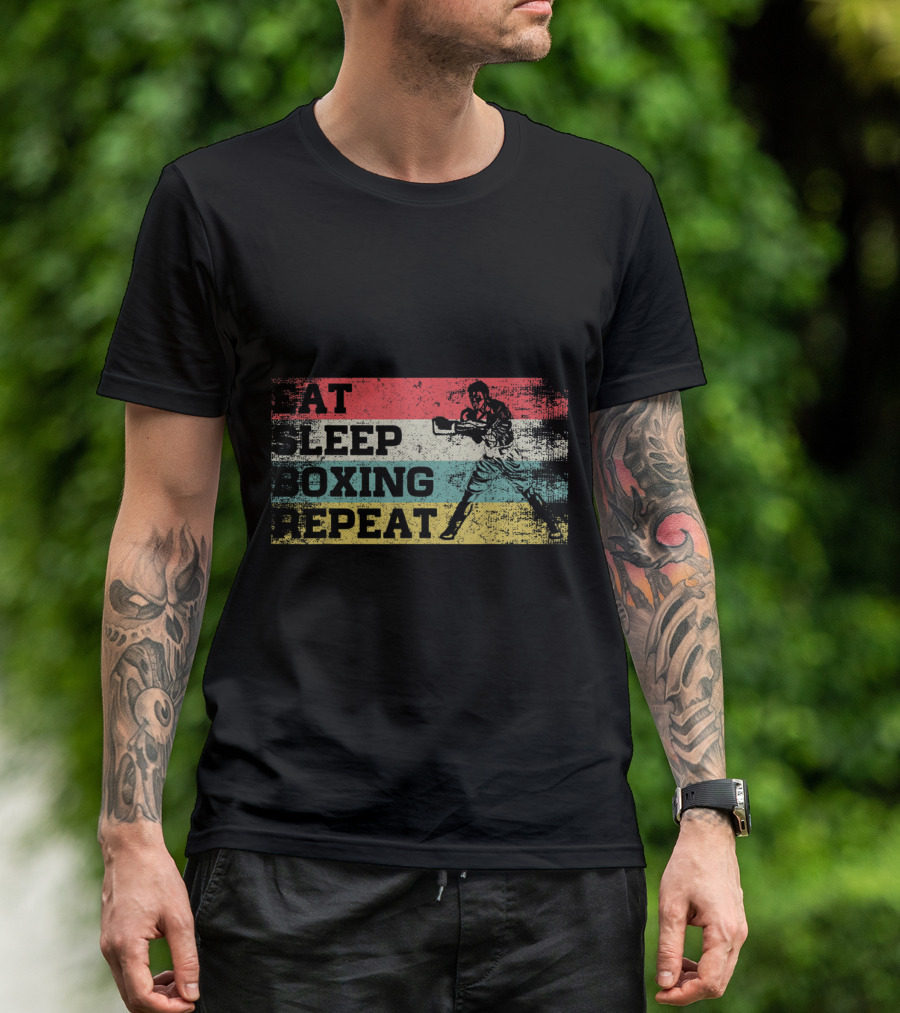 Vintage Eat Sleep Boxing Repeat Boxer Silhouette Retro Stripes T-Shirt