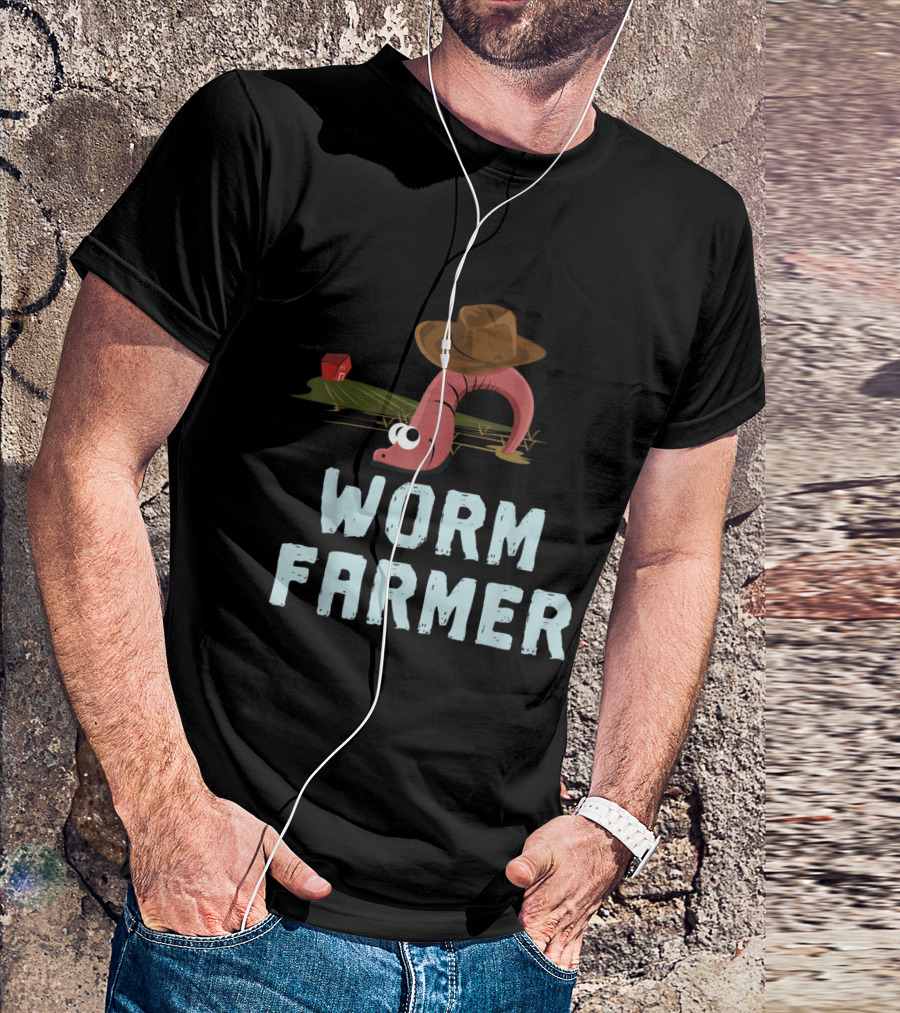 Worm Farmer Vermiculture Gardening Cute Worm In Field With Hat T-Shirt