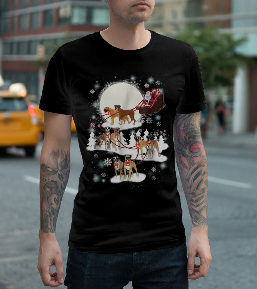 Santa and Boxer Dogs Pulling Reindeer Sleigh Christmas Moon Snowflakes T-Shirt