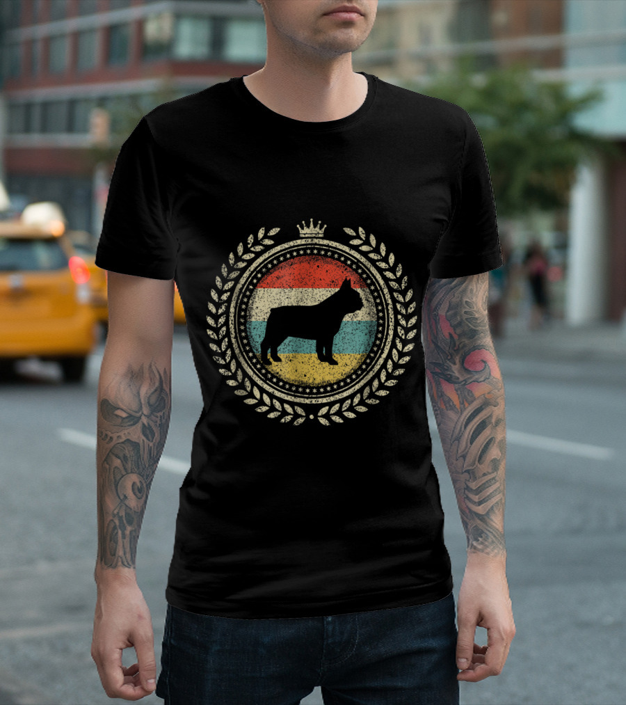 Vintage French Bulldog Silhouette with Retro Stripes and Laurel Wreath T-Shirt