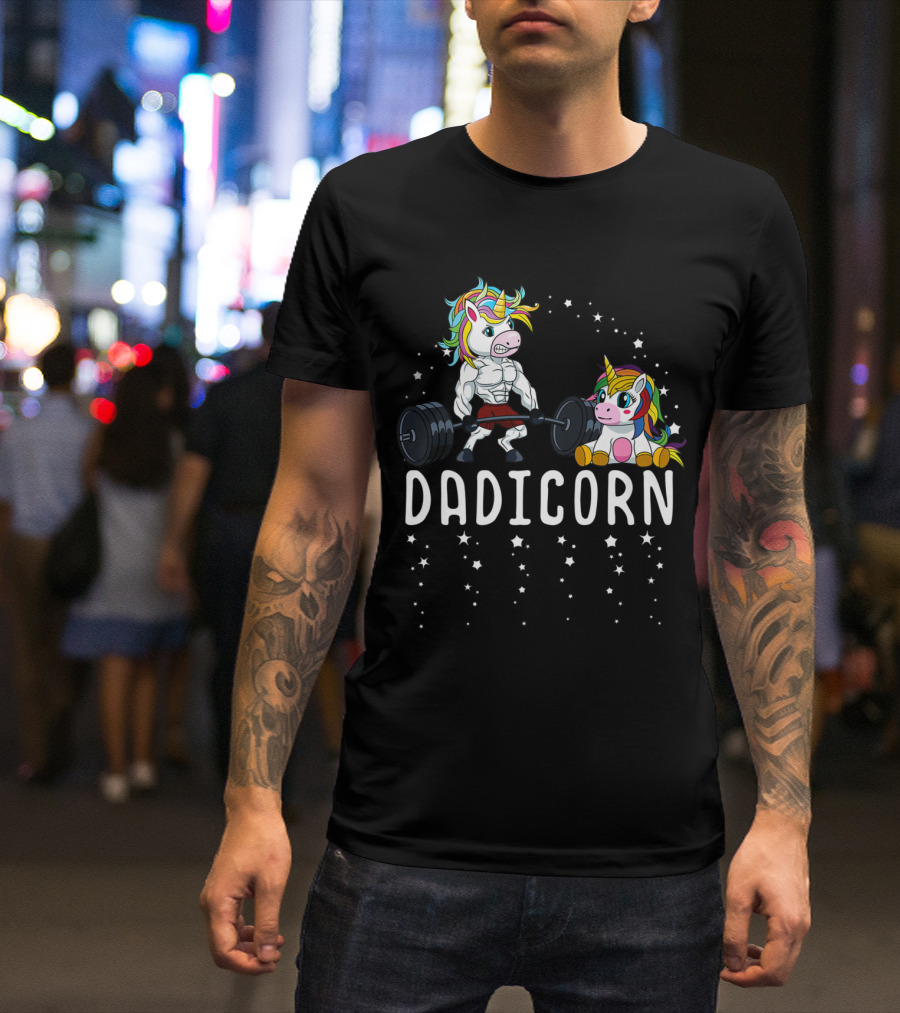 Dad Unicorn Dadicorn Fitness With Barbell Lifting And Rainbow Mane T-Shirt
