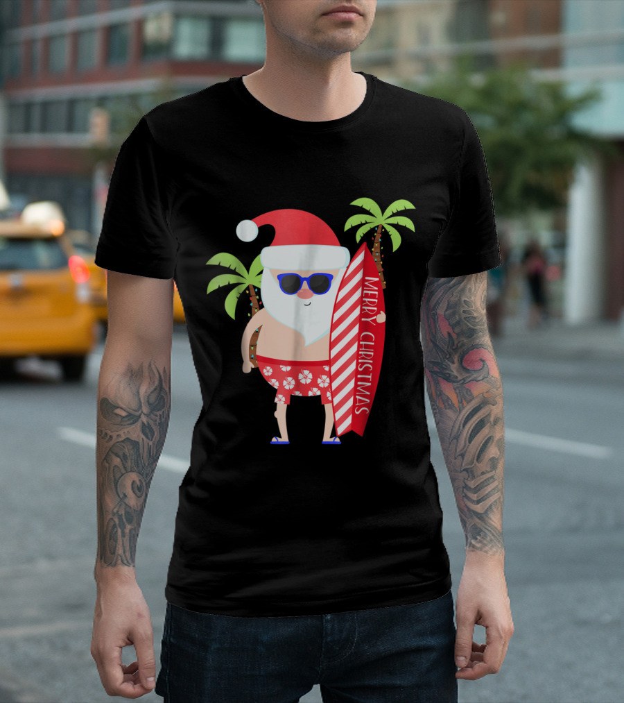 Merry Christmas Santa Surfing Palm Trees T-Shirt