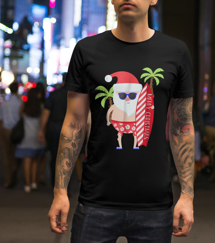 Merry Christmas Santa Surfing Palm Trees T-Shirt