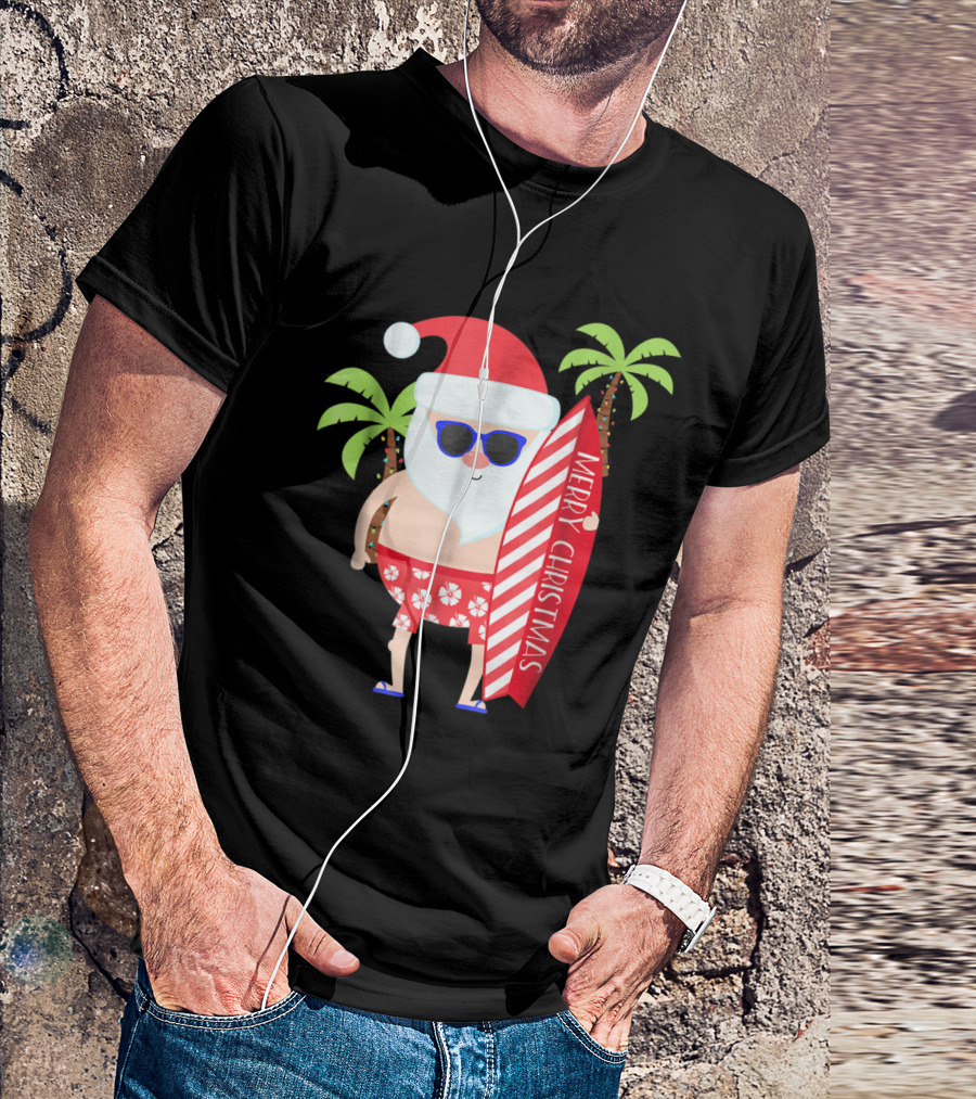 Merry Christmas Santa Surfing Palm Trees T-Shirt
