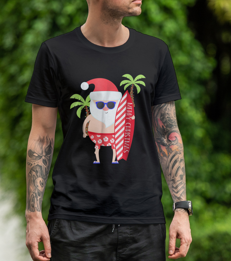 Merry Christmas Santa Surfing Palm Trees T-Shirt