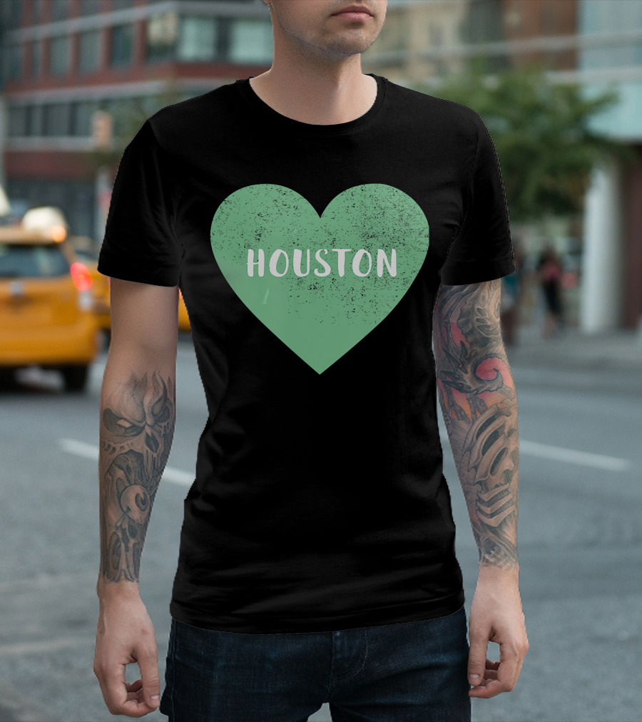 I Heart Houston Green City Souvenirs Vintage-Style Textured Heart T-Shirt