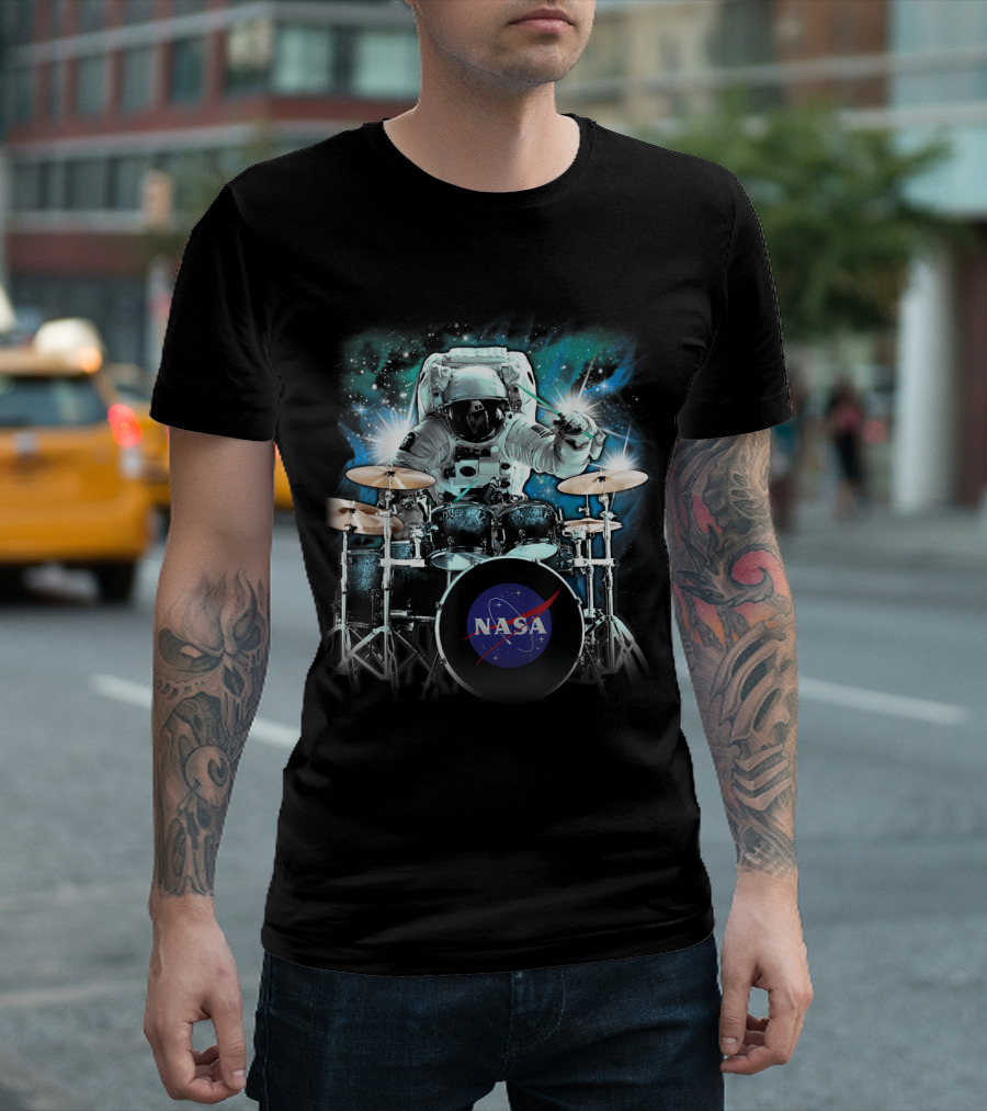 NASA Astronaut Playing Drums in Space Scene T-Shirt