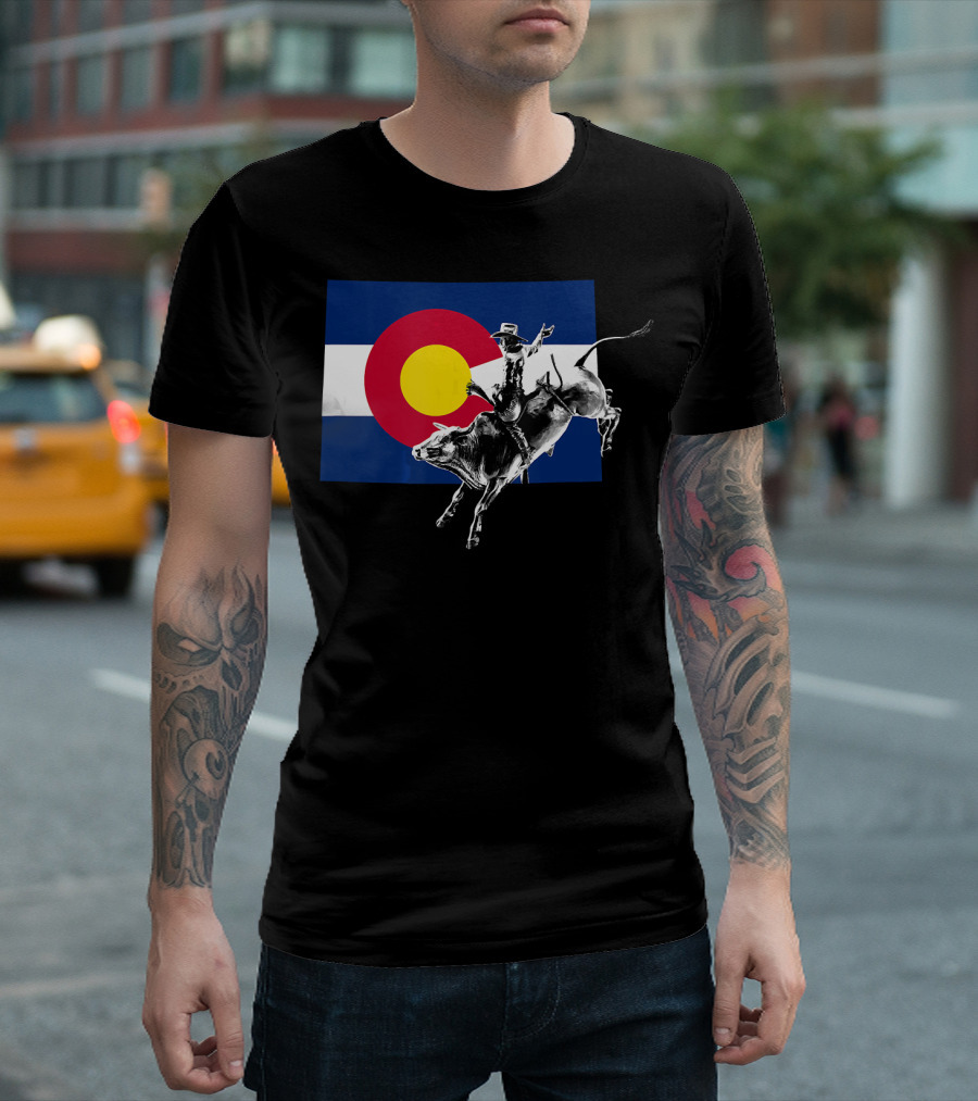 Colorado Rodeo Bull Rider on State Flag T-Shirt