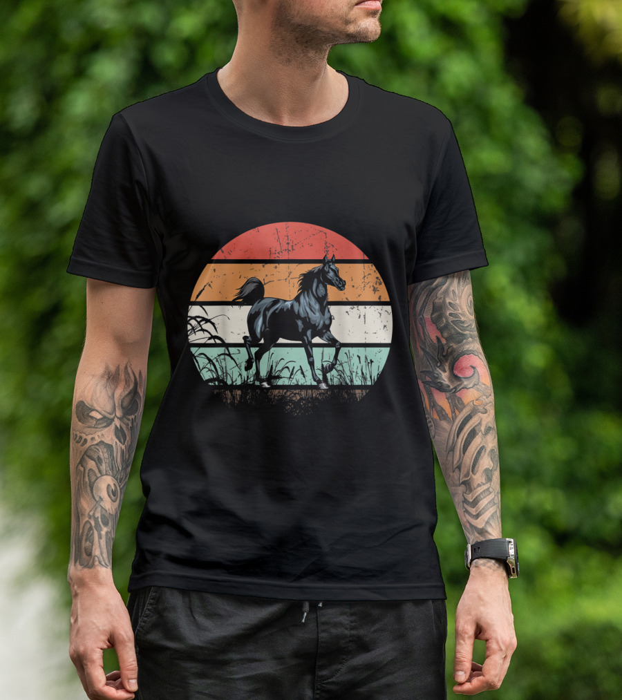 Vintage Horse Sunset Retro Stripes T-Shirt