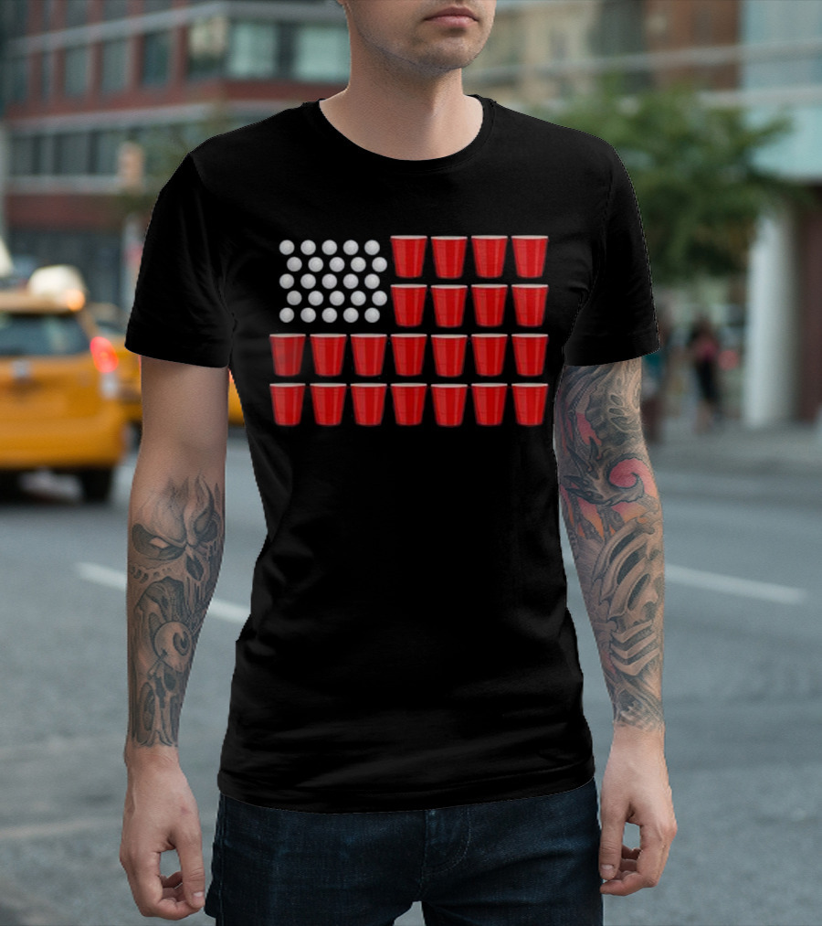 USA Flag Made of Beer Pong Cups and Balls Funny American Flag T-Shirt