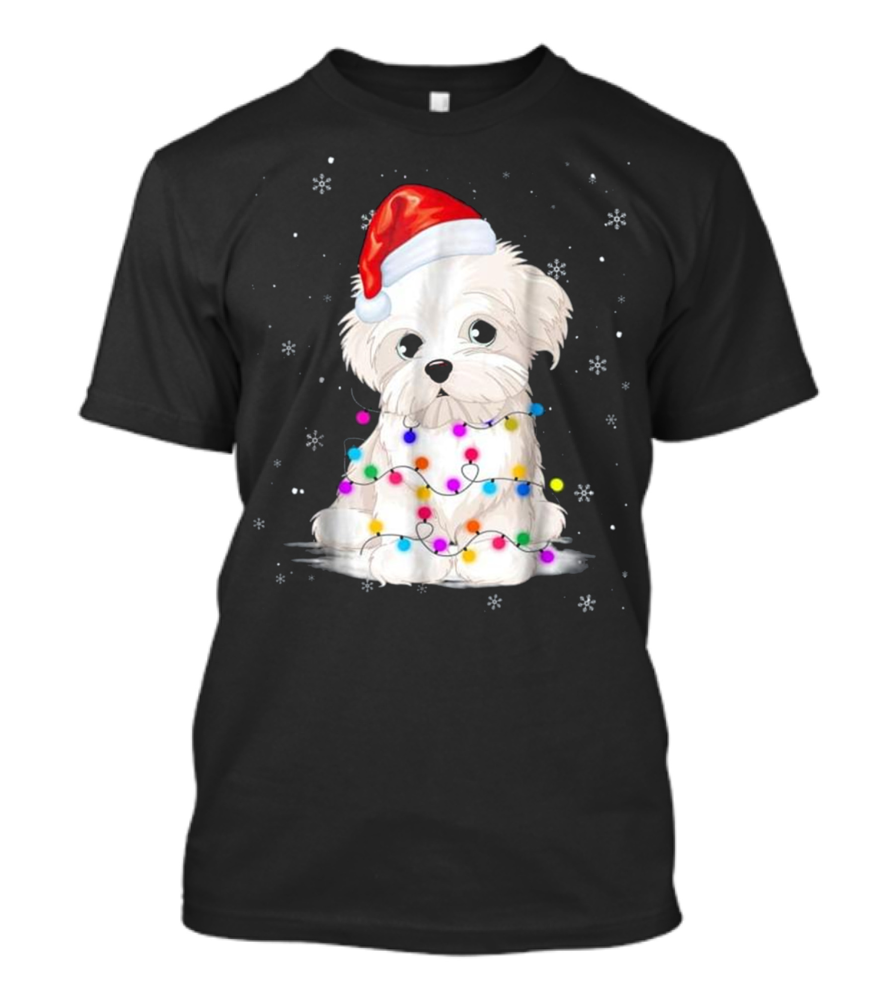 Maltese Puppy Wrapped In Christmas Lights With Santa Hat Snowflakes T-Shirt