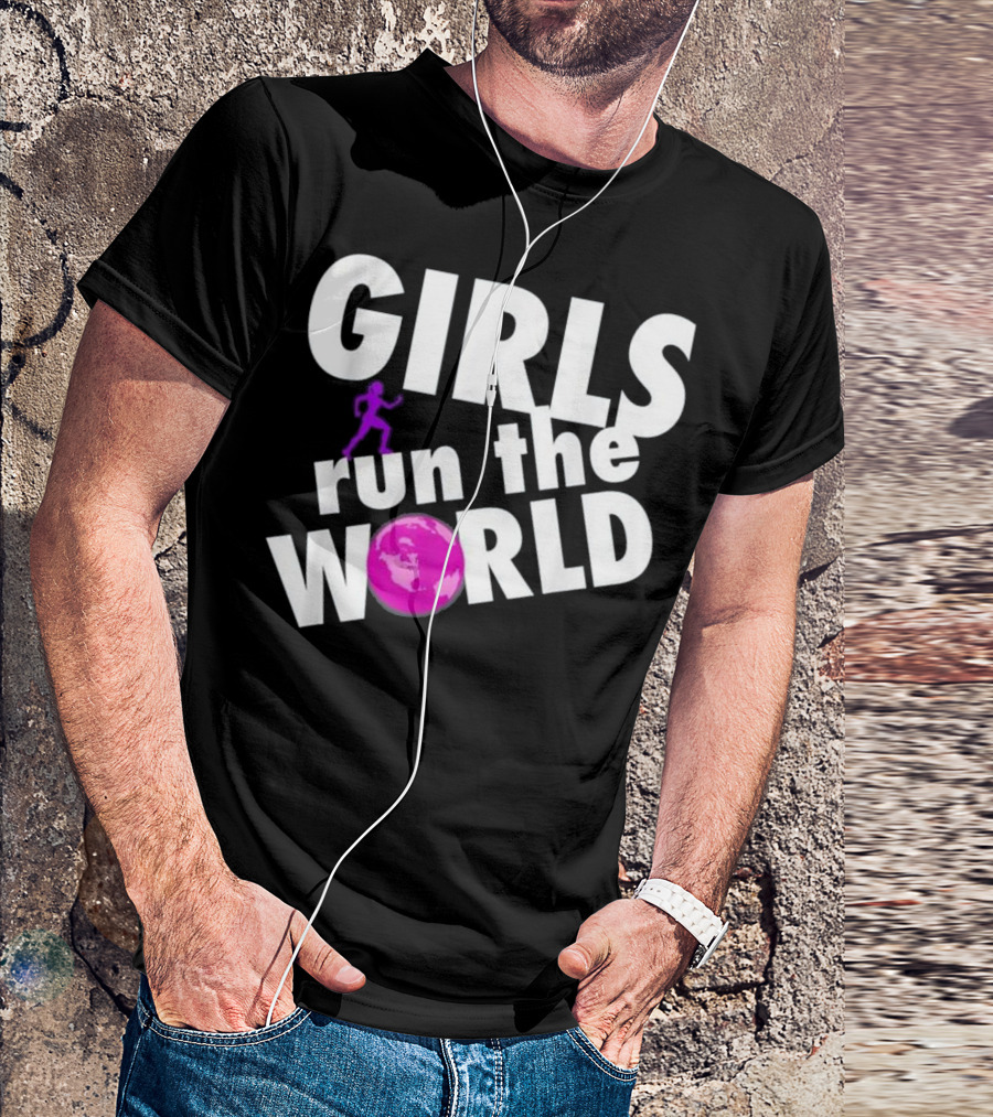 GIRLS RUN THE WORLD Girl Running Silhouette Purple Earth T-Shirt