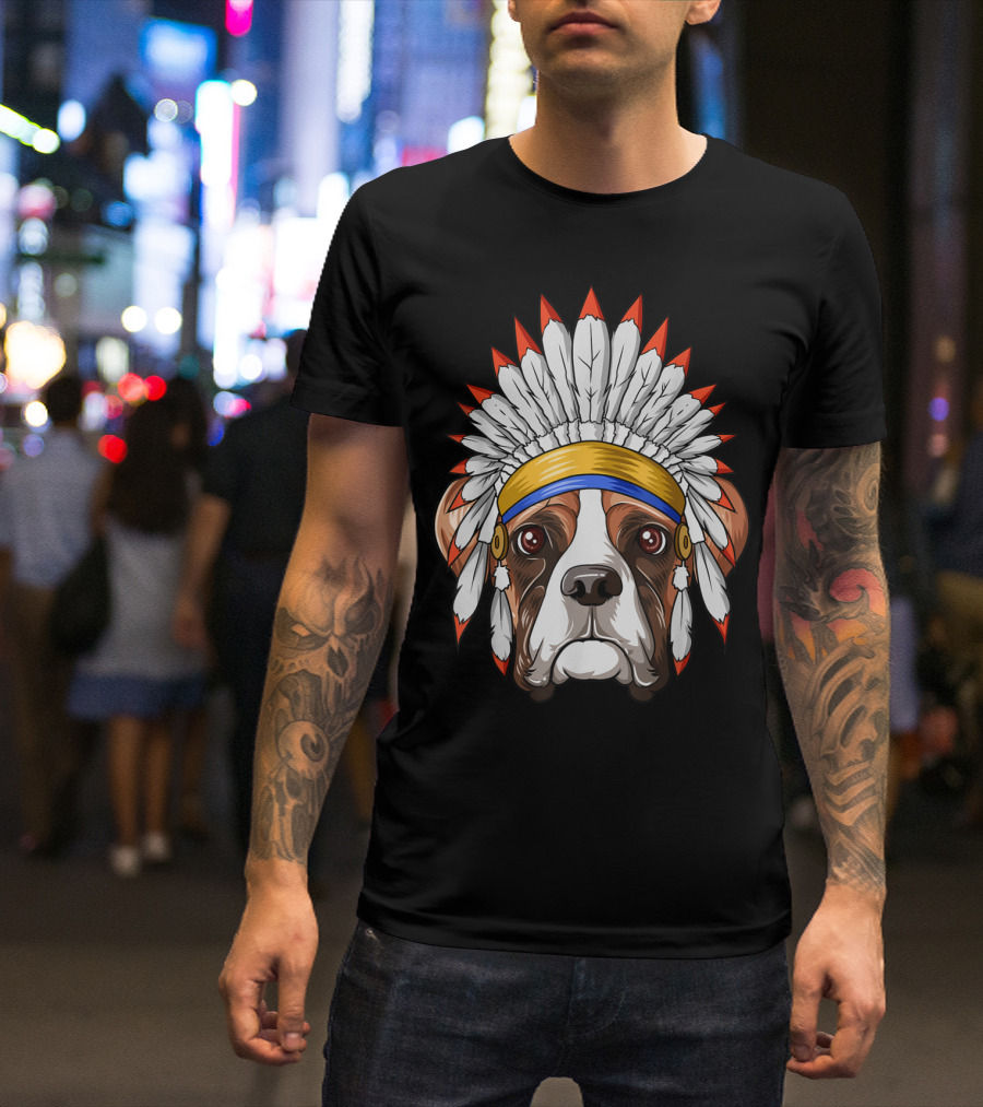 Native American Indian Boxer Dog Feather Headdress T-Shirt