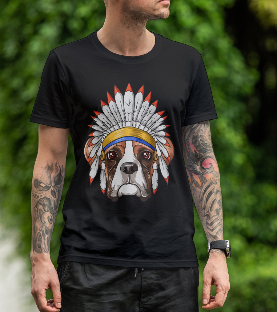 Native American Indian Boxer Dog Feather Headdress T-Shirt