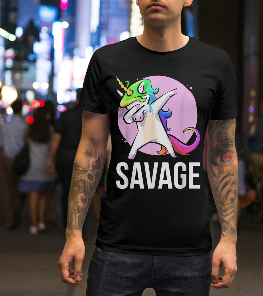 Savage Dabbing Unicorn With Colorful Mane In Front Of Pink Circle T-Shirt