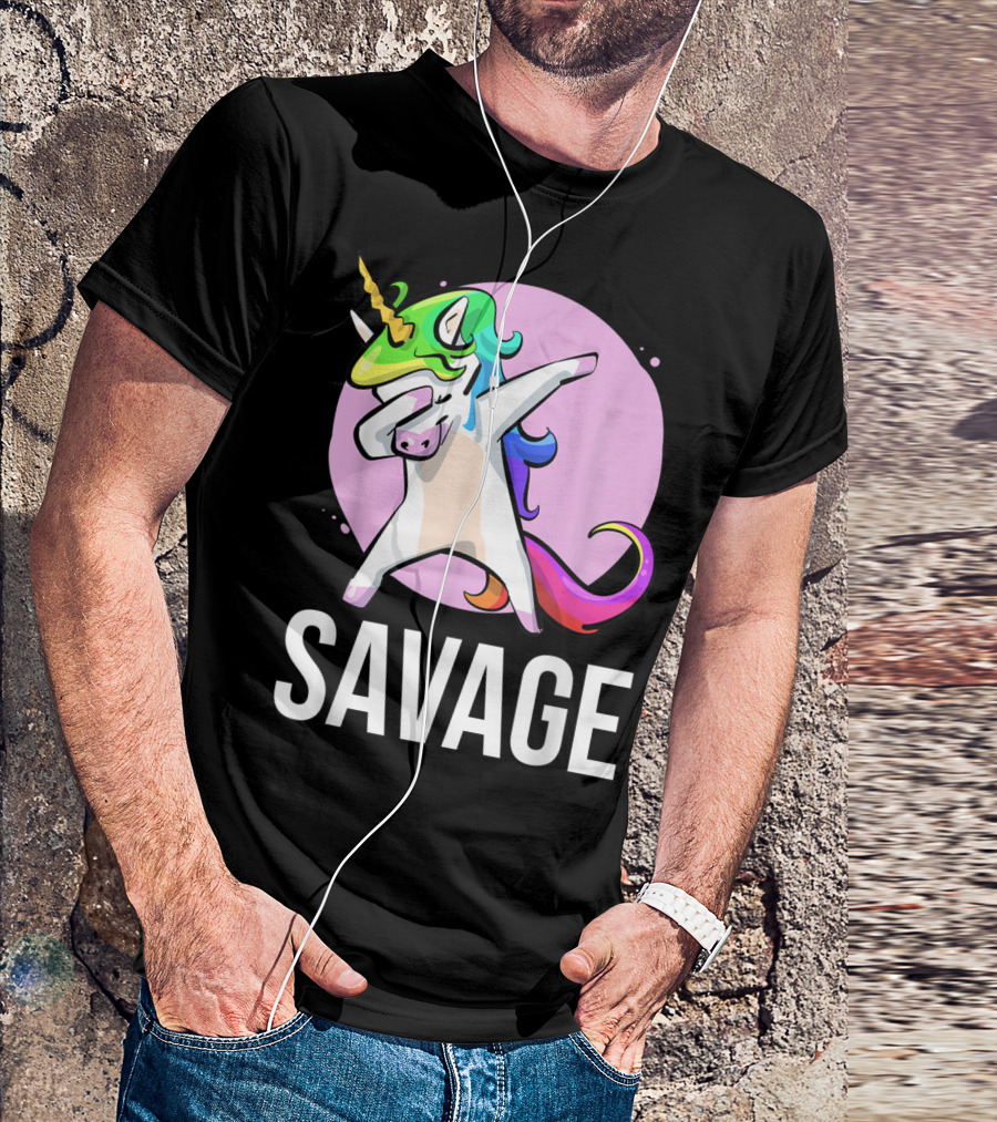 Savage Dabbing Unicorn With Colorful Mane In Front Of Pink Circle T-Shirt