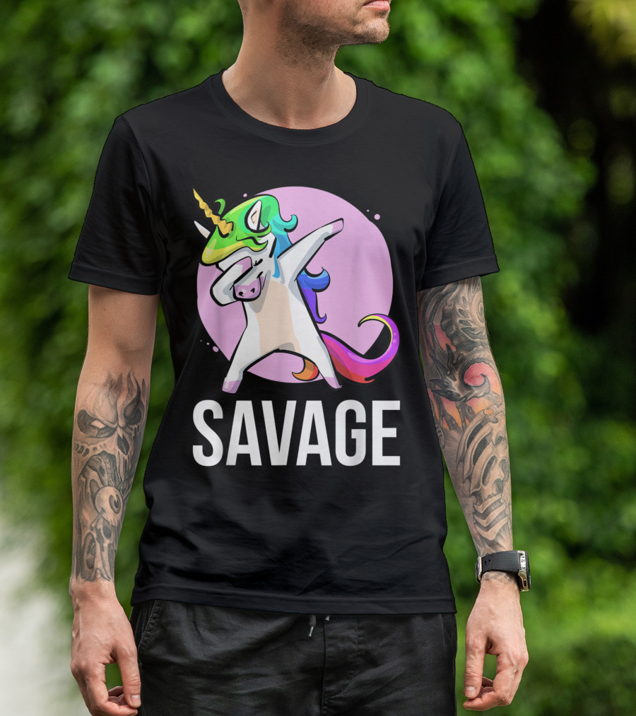 Savage Dabbing Unicorn With Colorful Mane In Front Of Pink Circle T-Shirt