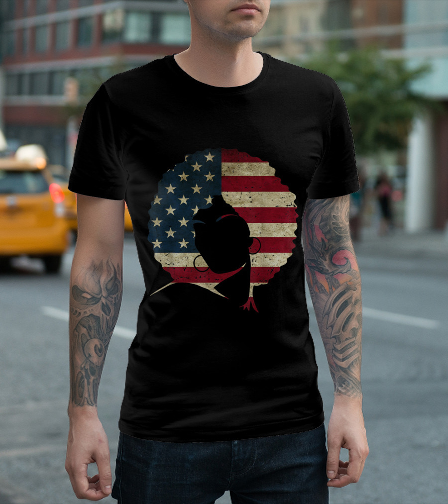 Natural Hair Afro American Flag 4th Of July T-Shirt