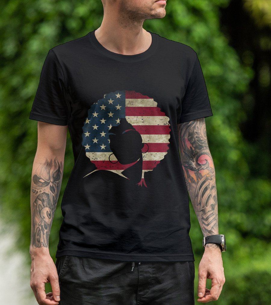 Natural Hair Afro American Flag 4th Of July T-Shirt