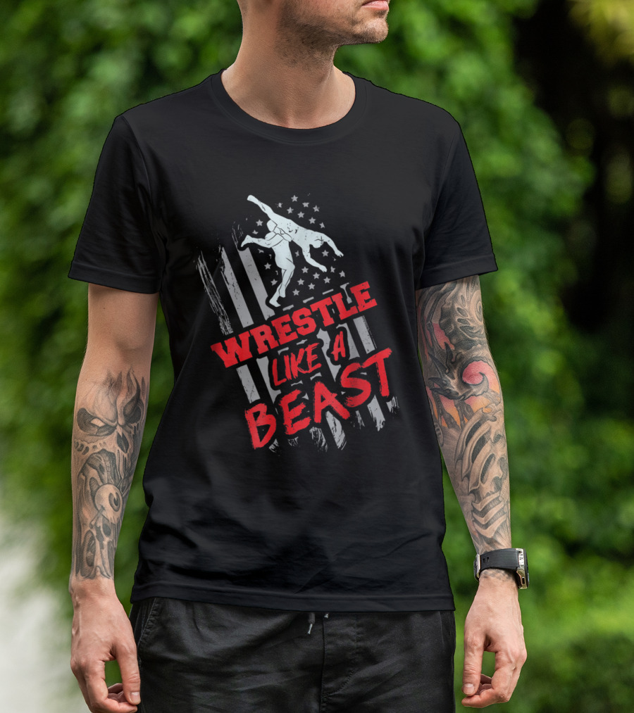 Wrestle Like A Beast Wrestling Funny Wrestler USA Flag T-Shirt