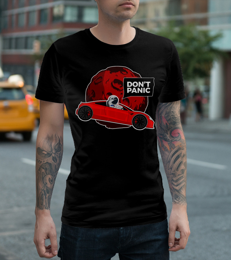 DON'T PANIC Space Man in Red Roadster in Front of Red Planet T-Shirt
