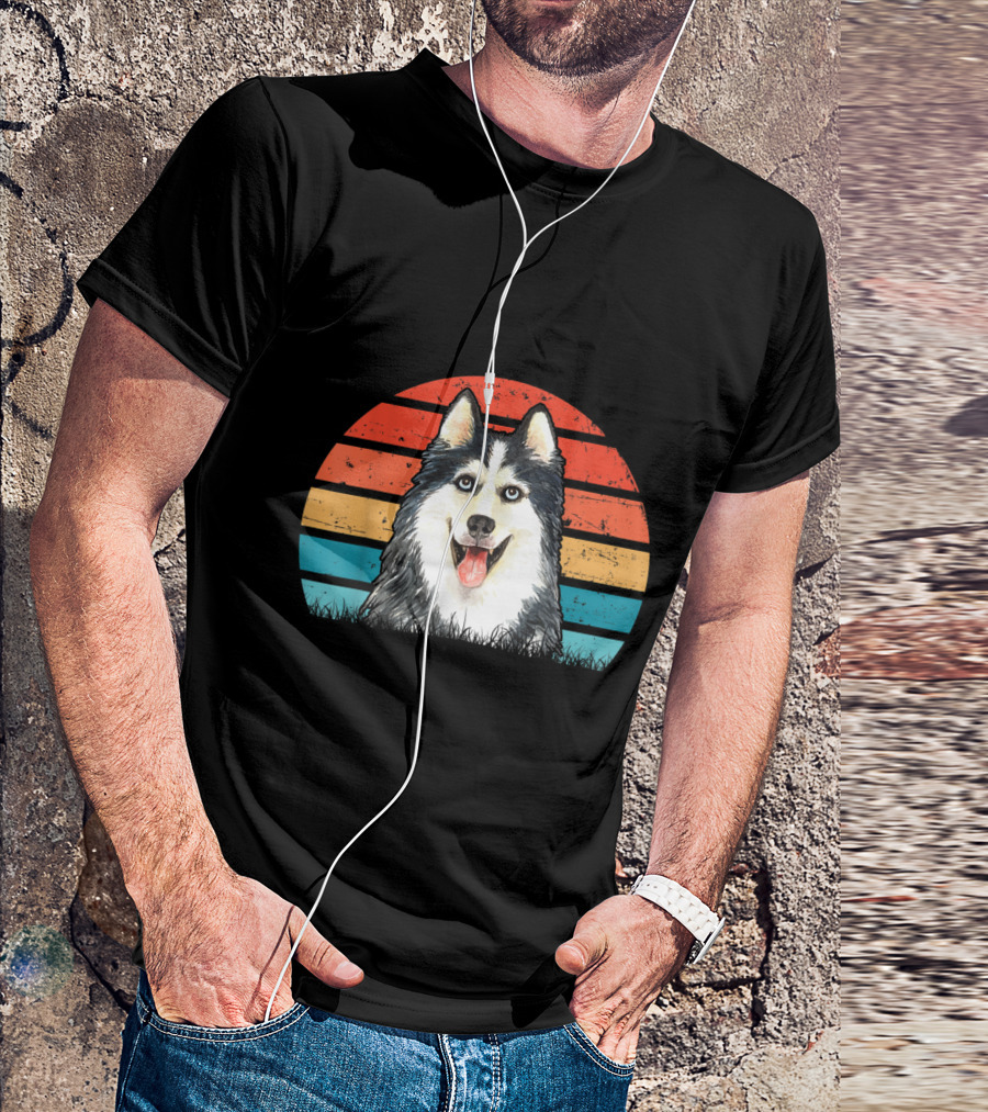Vintage Siberian Husky Dog Love Retro Sunset Stripes T-Shirt