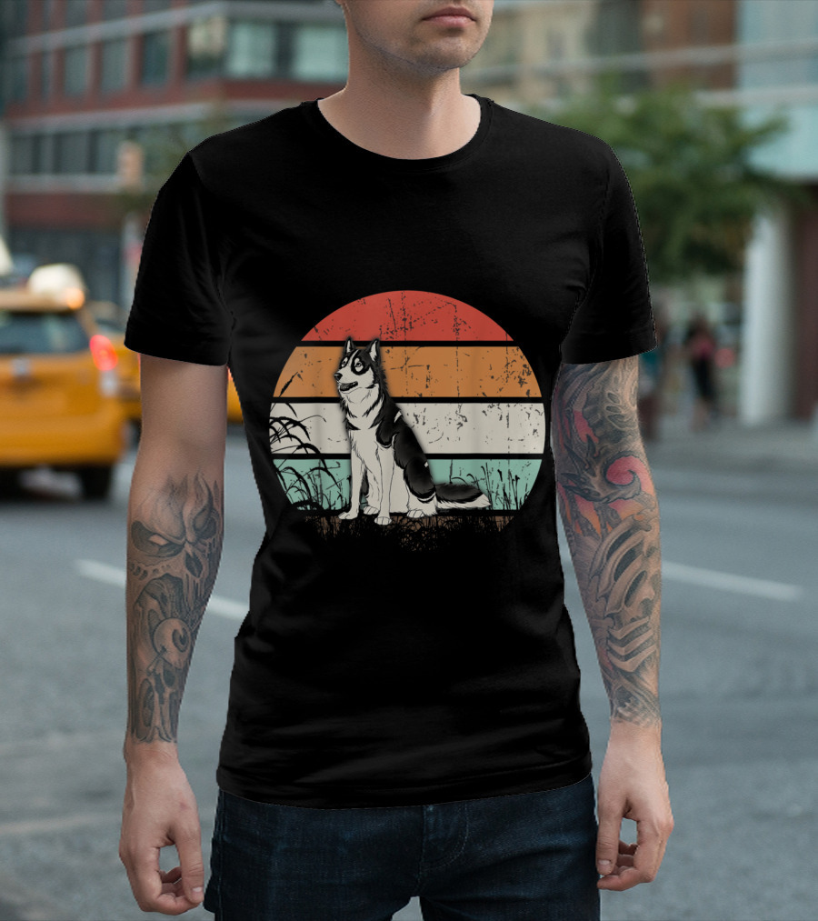 Vintage Siberian Husky Retro Sunset Stripe T-Shirt