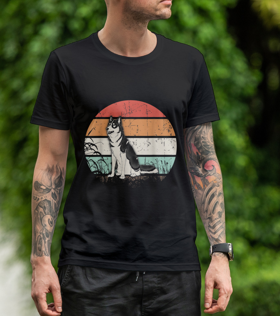 Vintage Siberian Husky Retro Sunset Stripe T-Shirt