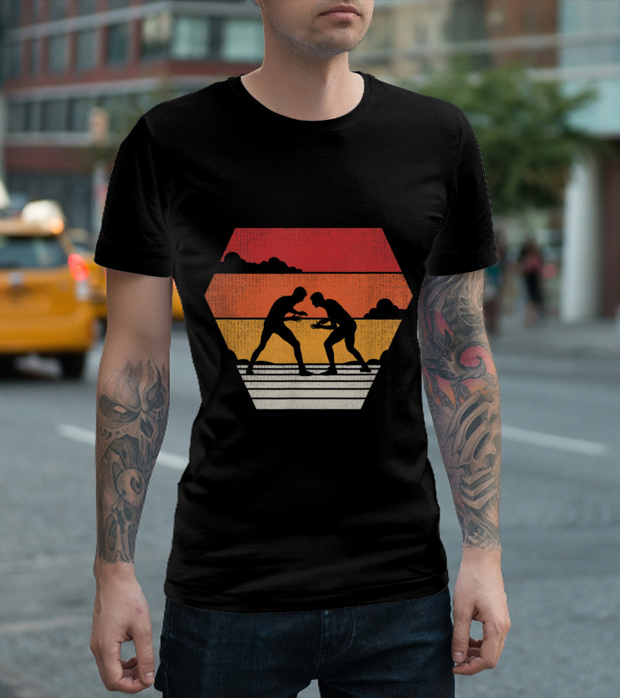 Wrestling Vintage 70s 80s Style Retro Silhouette Sunset T-Shirt