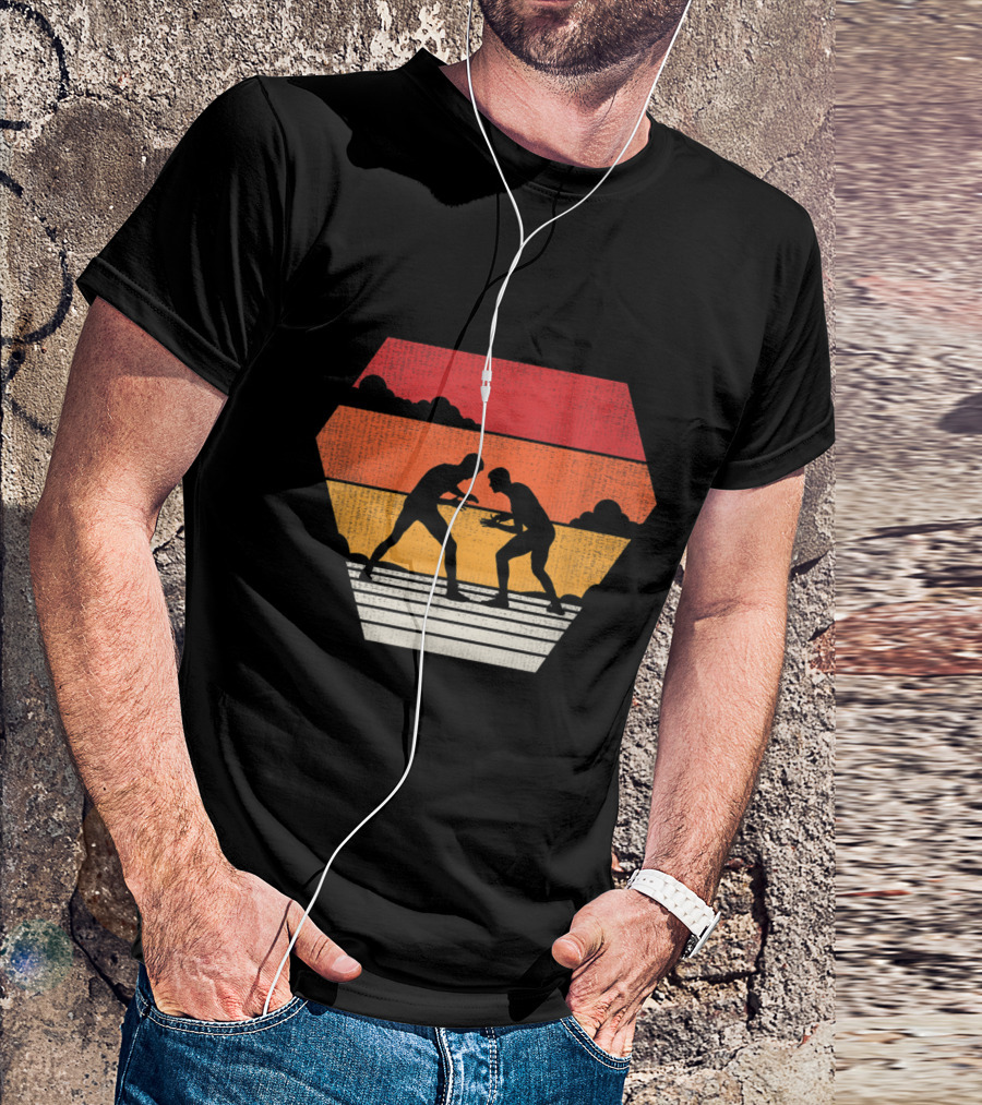 Wrestling Vintage 70s 80s Style Retro Silhouette Sunset T-Shirt
