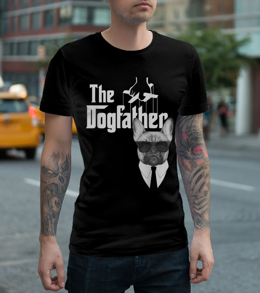 The Dogfather French Bulldog Wearing Sunglasses With Mobster Tie and Puppet Strings T-Shirt