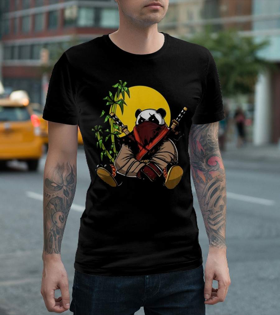 Panda Bear Ninja Samurai Martial Arts Karate With Bamboo And Swords T-Shirt