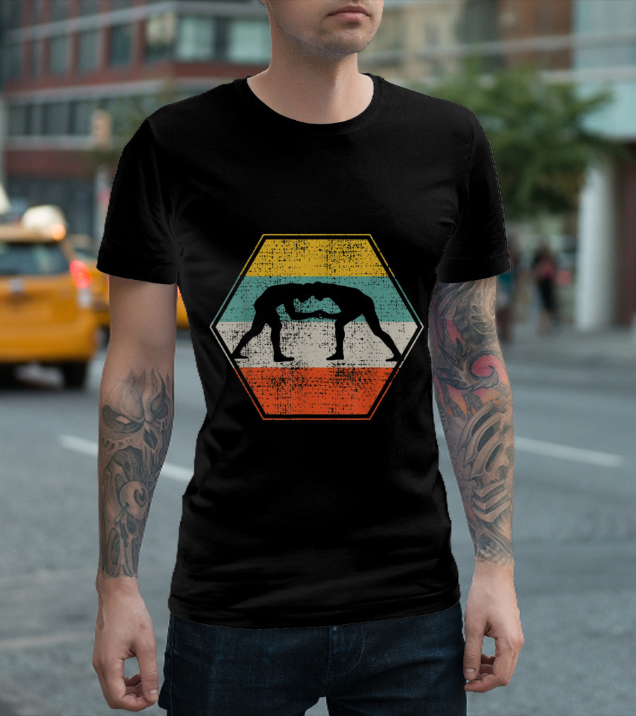 Wrestling Wrestler Retro Silhouette Hexagon T-Shirt