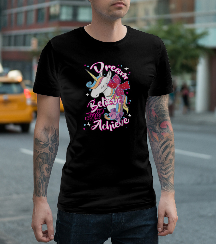 JoJo Siwa Dream Believe Achieve Unicorn Rainbow Bow Stars T-Shirt