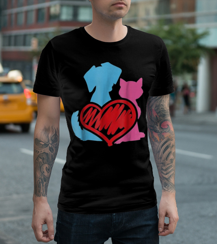 Funny Cat and Dog Heart T-Shirt