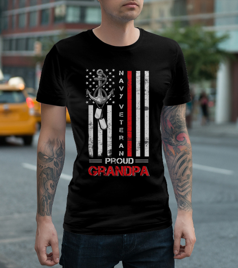 Navy Veteran Proud Grandpa American Flag Anchor Dog Tags T-Shirt
