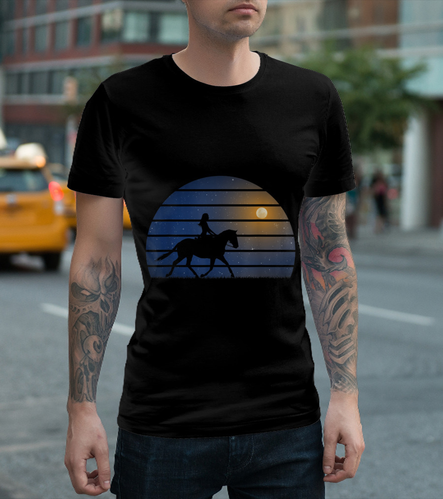 Girl Riding Horse Under Moonlit Night Sky T-Shirt