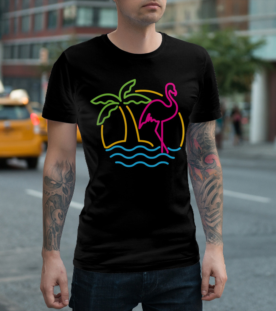 80s Vintage Neon Pink Flamingo Palm Tree Miami Retro T-Shirt