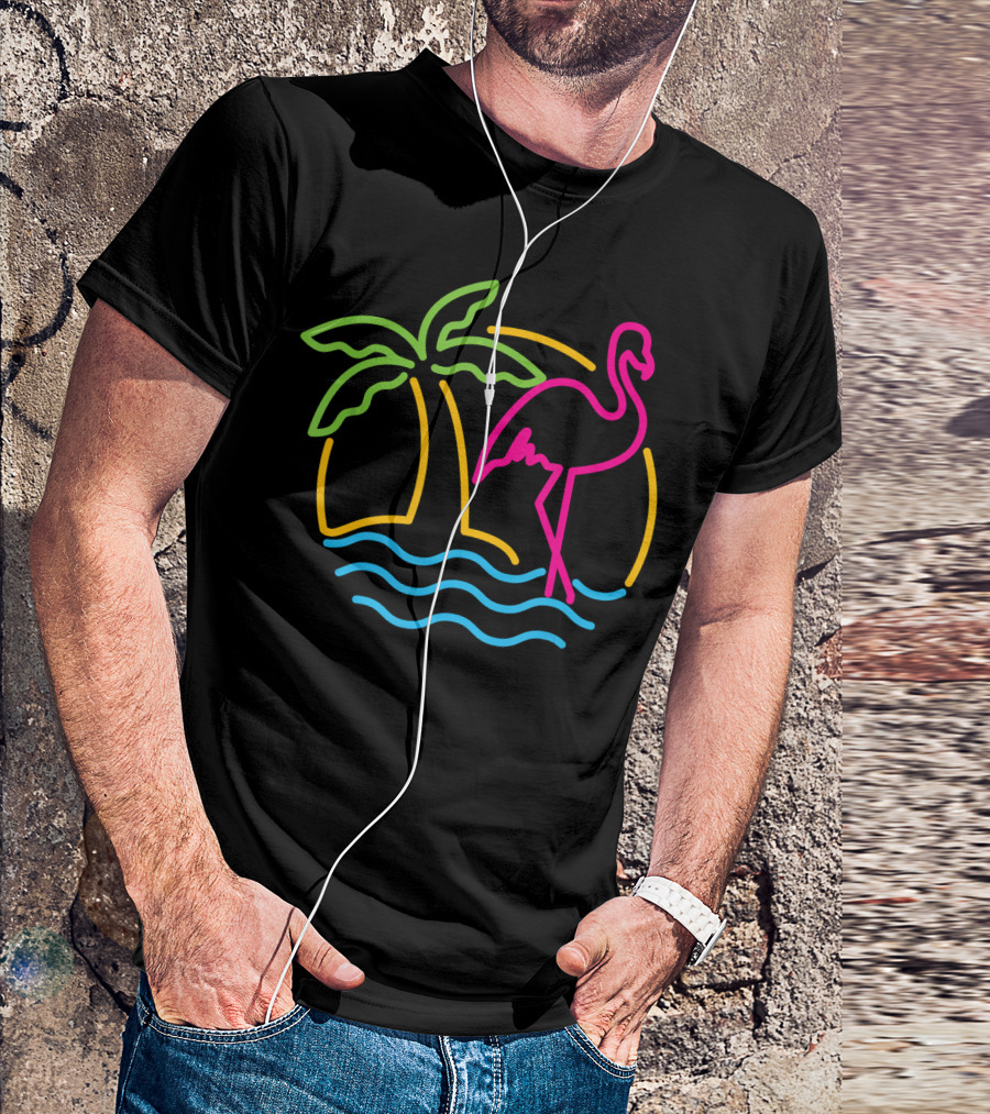 80s Vintage Neon Pink Flamingo Palm Tree Miami Retro T-Shirt