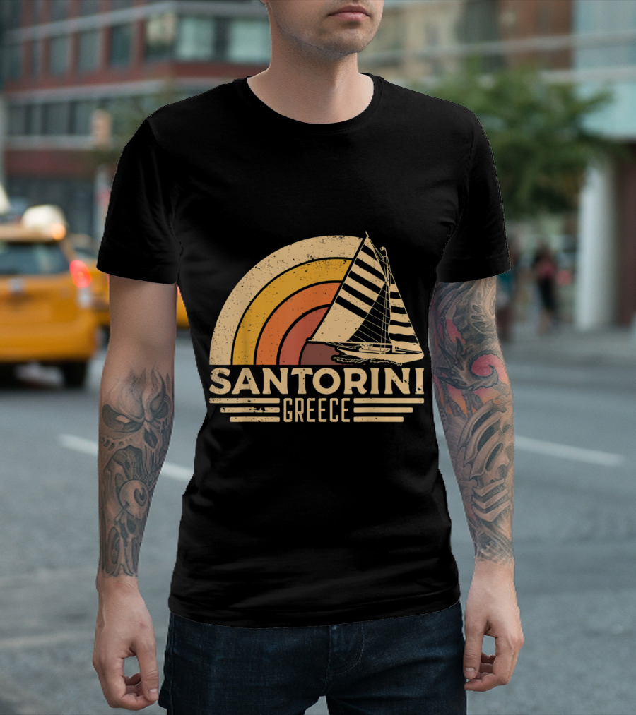 Vintage Santorini Greece Sailing Rainbow Stripes T-Shirt