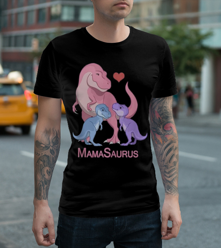 MamaSaurus Pink Dinosaur with Two Baby Dinosaurs and Heart T-Shirt