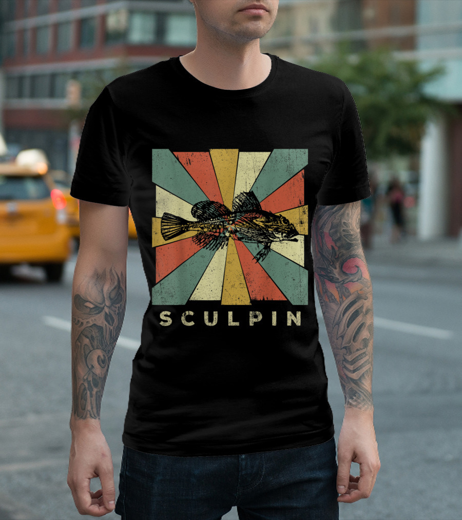 Retro Sculpin Fish on Colorful Geometric Background T-Shirt