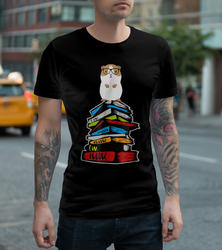 Nerd Guinea Pig with Glasses on Colorful Book Stack T-Shirt