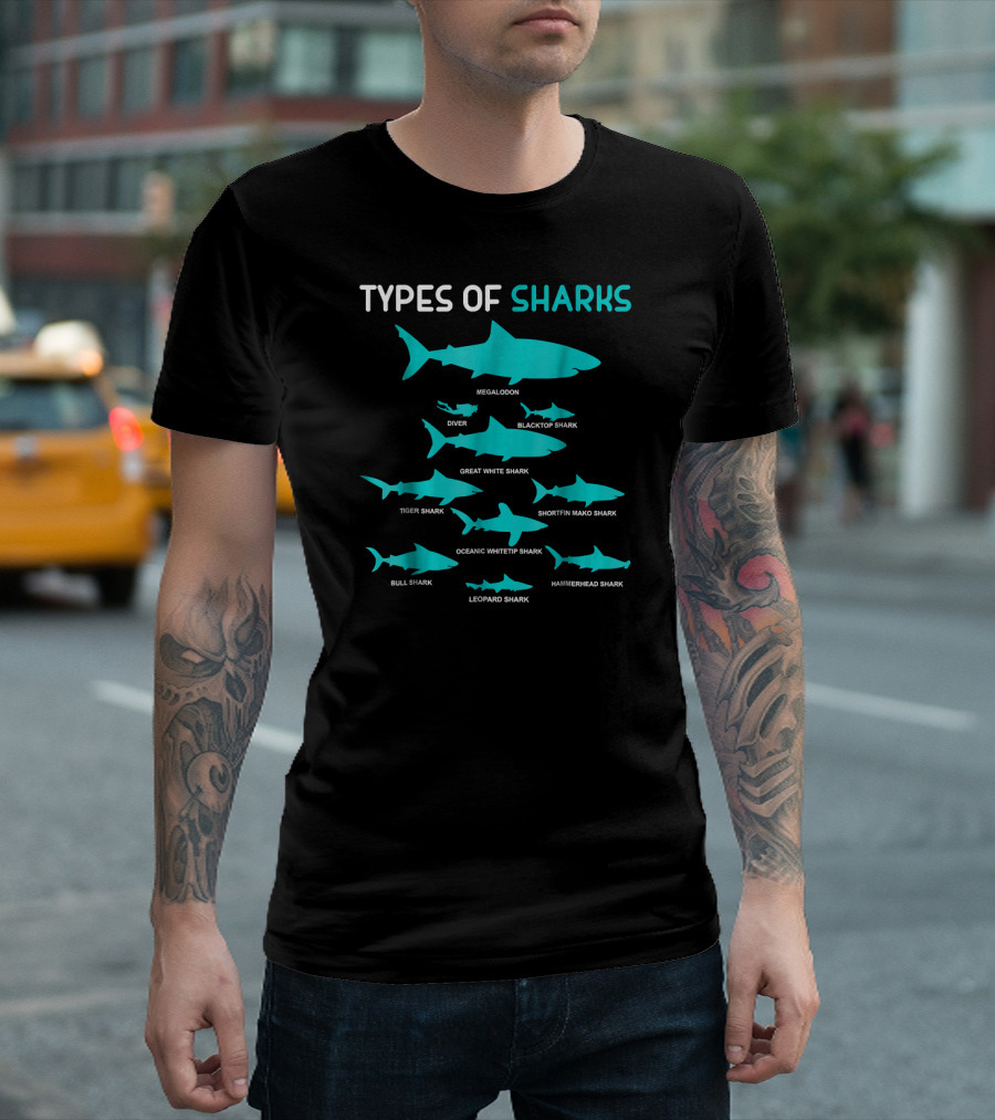 Types Of Sharks Megalodon Diver Blacktop Great White Tiger Shortfin Mako Oceanic Whitetip Bull Leopard Hammerhead T-Shirt