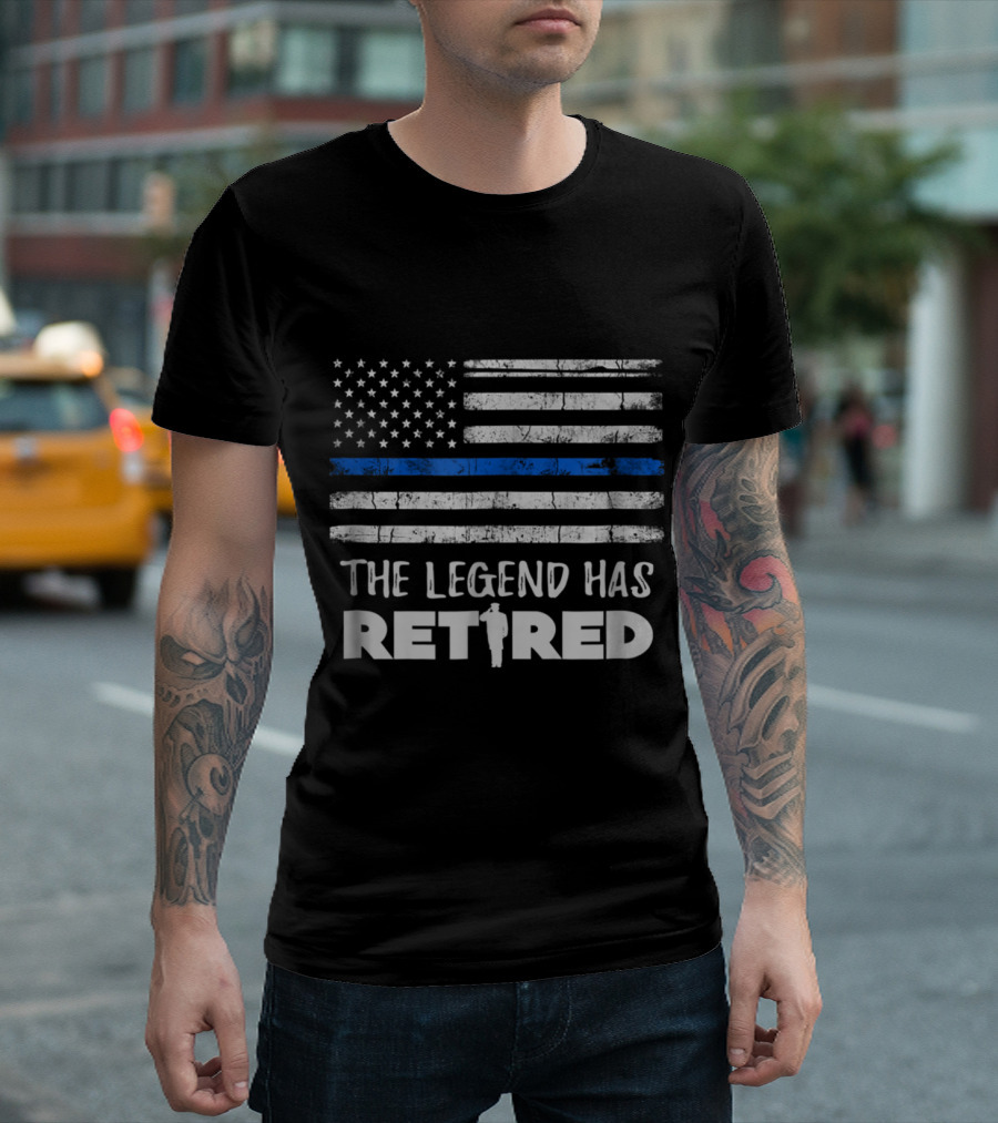 The Legend Has Retired Blue Line Police Officer American Flag T-Shirt