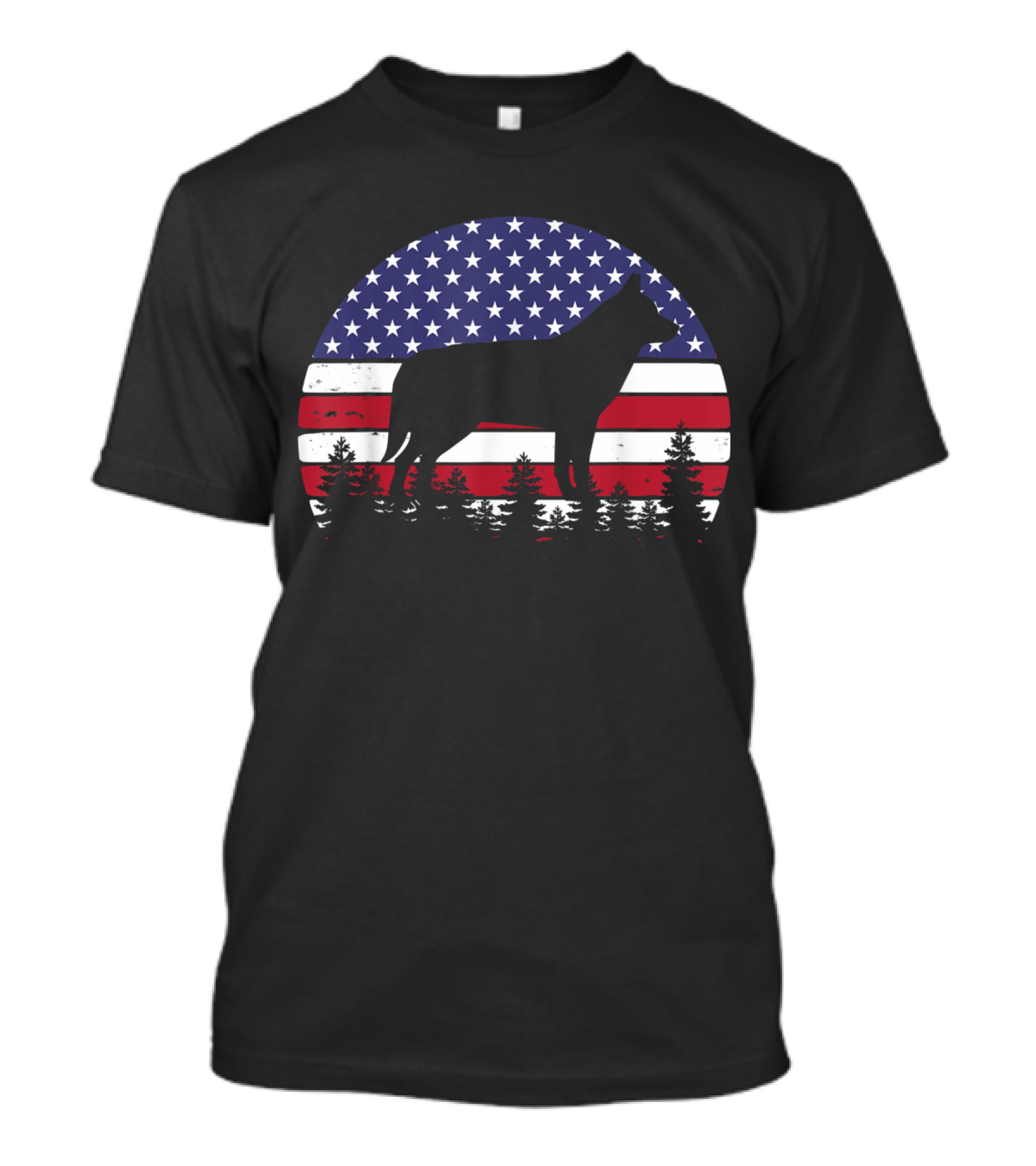 Vintage Siberian Husky Silhouette American Flag Forest T-Shirt