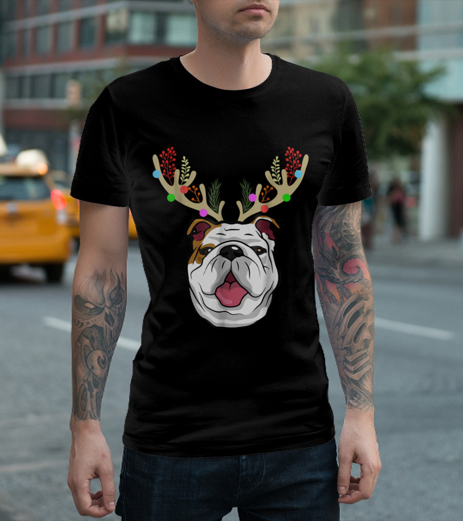 XMAS Funny Bulldogs with Festive Colorful Antlers T-Shirt